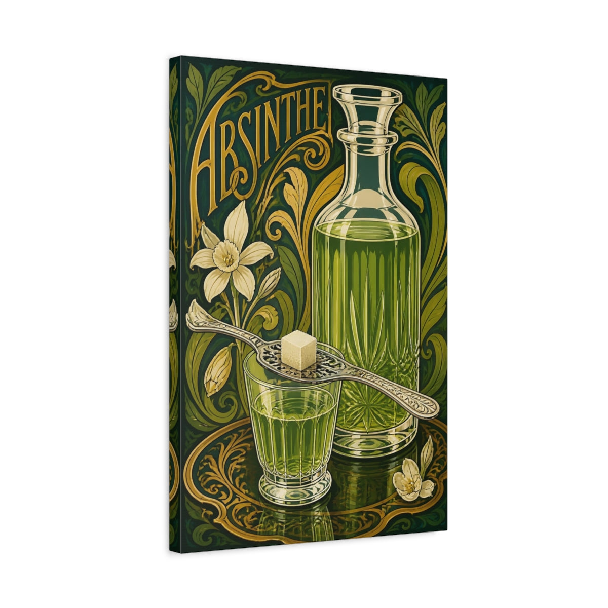 Side Mockup 3. Vintage Absinthe Bottle Green And Gold shown as stretched canvas wall art