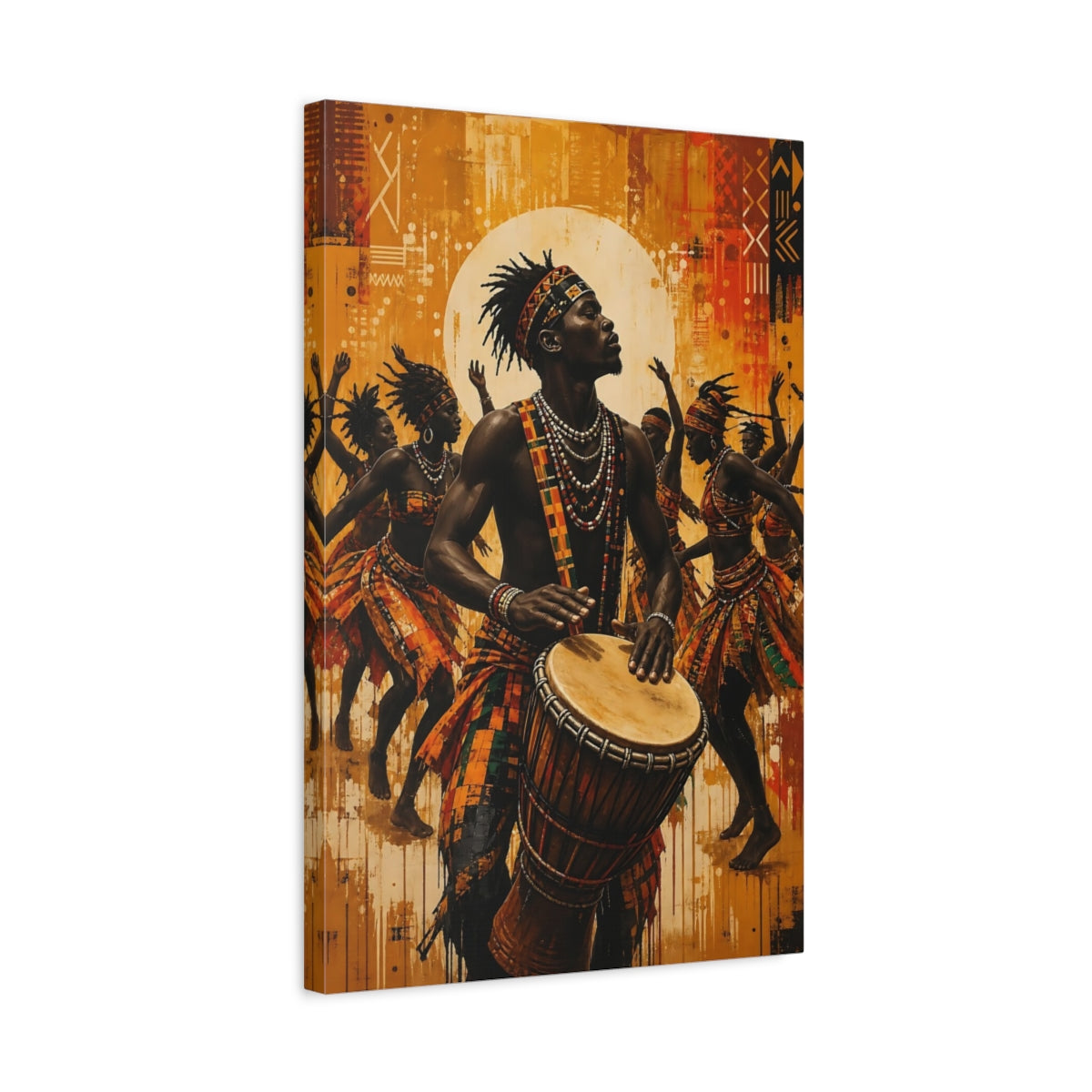 Side Mockup 3. Vintage African Drummer Yellow And Orange shown as canvas print