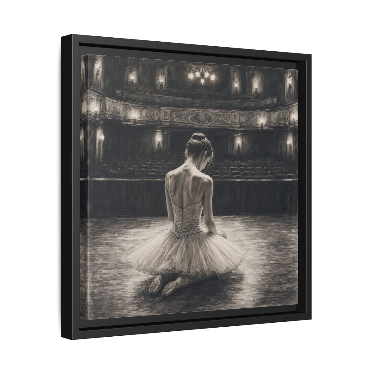 Side Mockup 32. Vintage Ballerina Sepia Ballerina shown as framed canvas print
