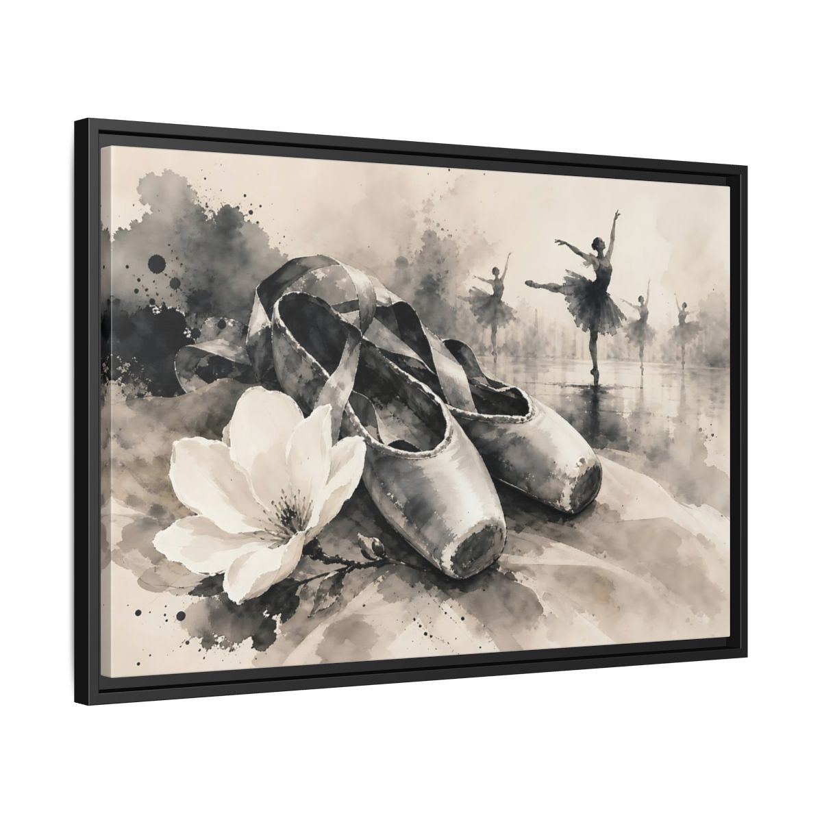 Side Mockup 14. Vintage Ballet Shoes Vintage Ballet Art shown as framed canvas print