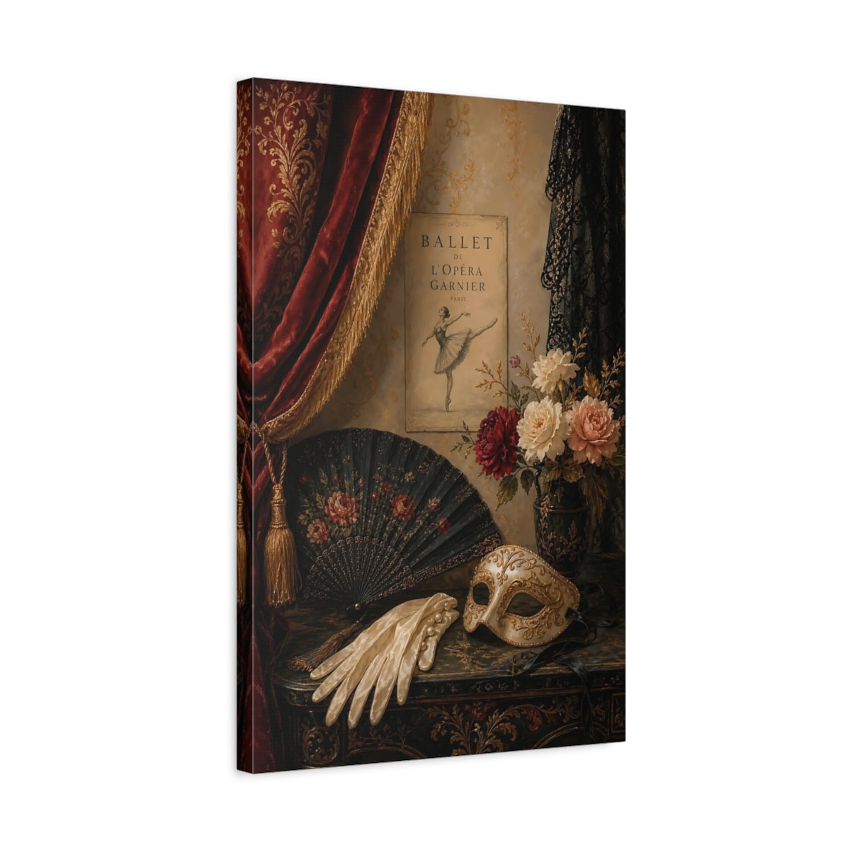 Side Mockup 3. Vintage Ballet Still Life Vintage Opulence shown as canvas print