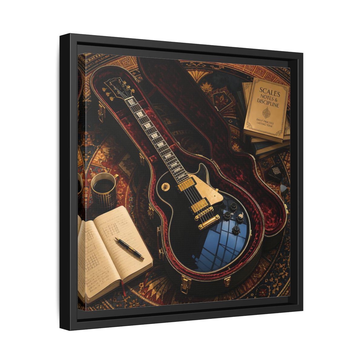 Side Mockup 32. Vintage Black Guitar On Rug shown as framed canvas print
