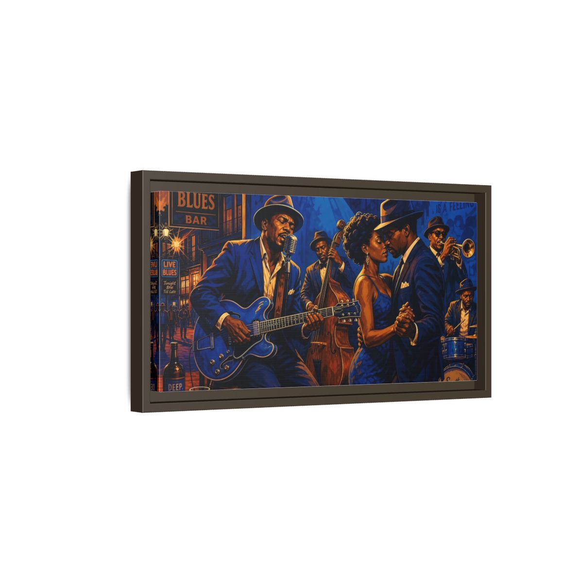 Side Mockup 7. Vintage Blues Musicians Blue Blues Bar shown as framed canvas print