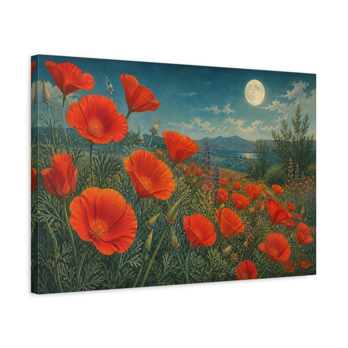 Side Mockup 3. Vintage Botanical Illustration Field Of Red California Poppies Under Moonlit Air shown as stretched canvas wall art
