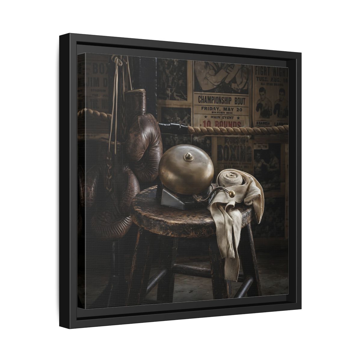 Side Mockup 32. Vintage Boxing Gym Still Life shown as framed canvas print