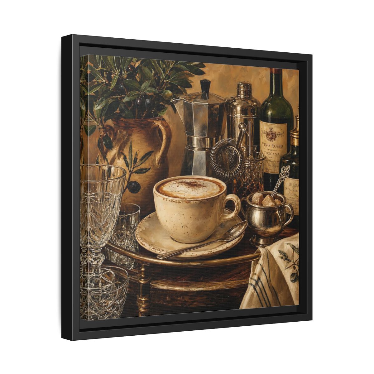 Side Mockup 32. Vintage Cappuccino Coffee Wine Still Life shown as stretched canvas wall art