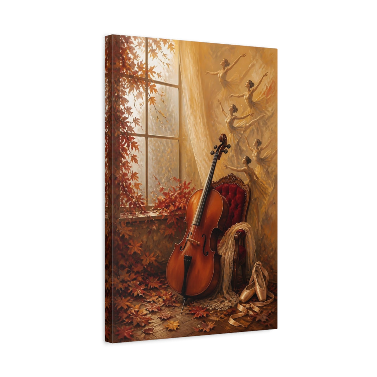 Side Mockup 3. Vintage Cello, Ballerinas Warm Autumn shown as canvas print