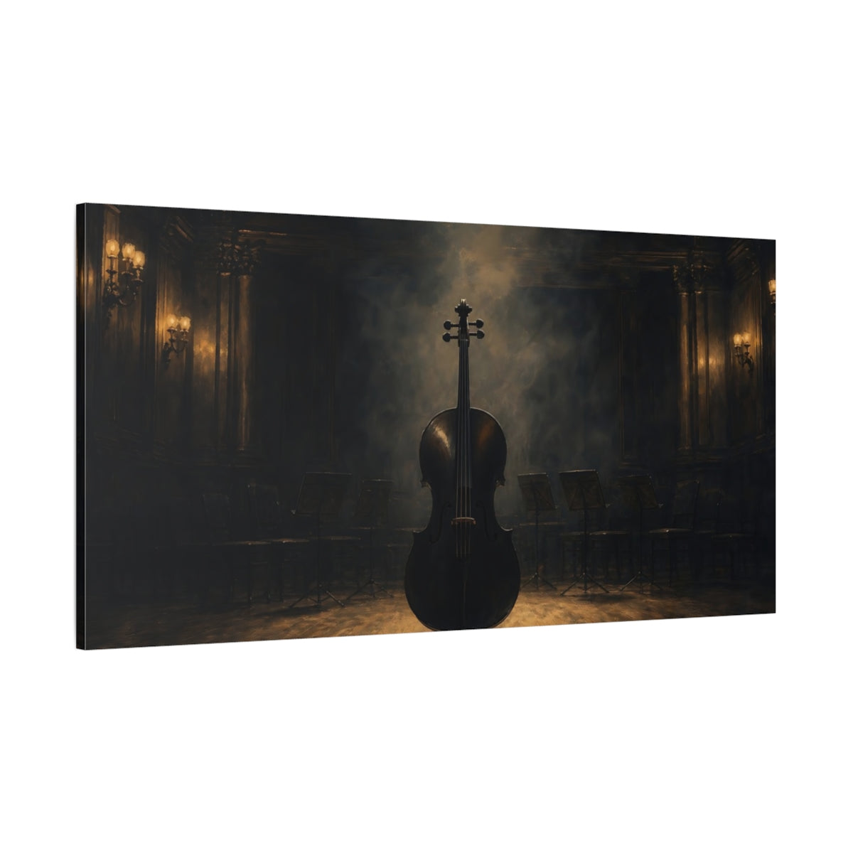 Side Mockup 2. Vintage Cello Dark Cello shown as canvas print