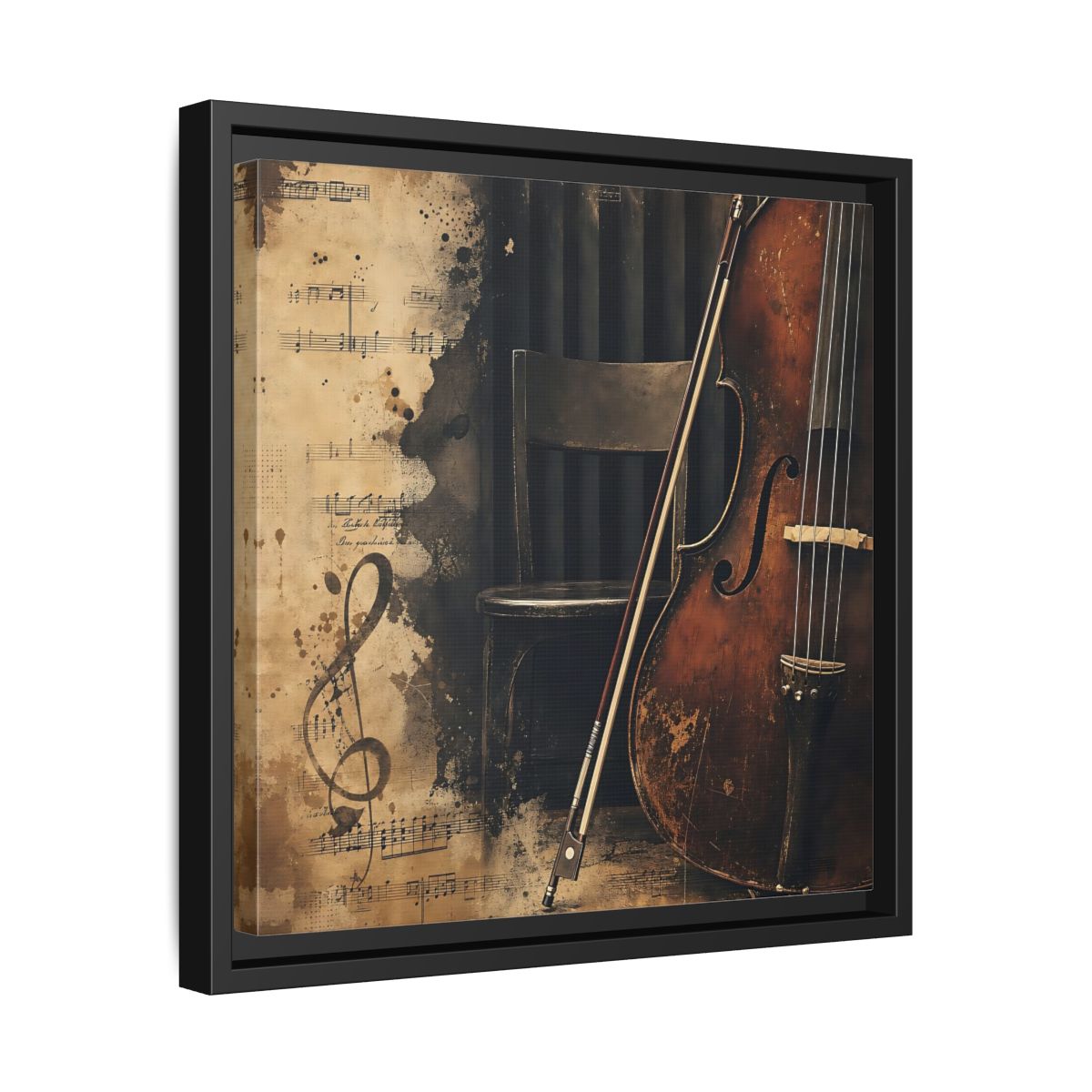 Side Mockup 32. Vintage Cello & Sheet Music shown as framed canvas print
