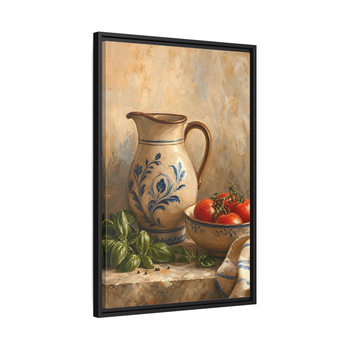 Side Mockup 14. Vintage Ceramic Pitcher Rustic Kitchen Still Life shown as framed canvas print