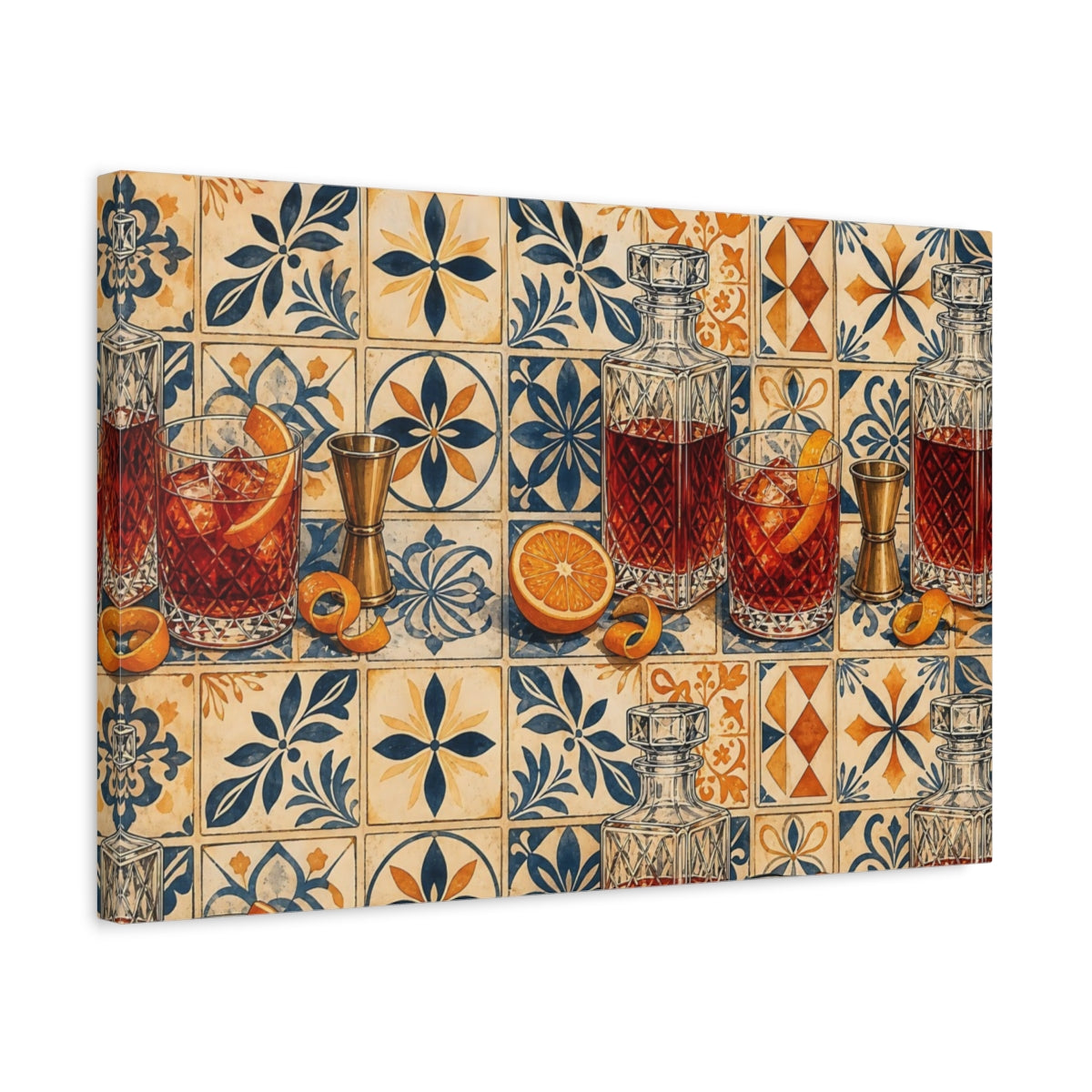 Side Mockup 3. Vintage Cocktails Blue Orange Cocktail shown as stretched canvas wall art