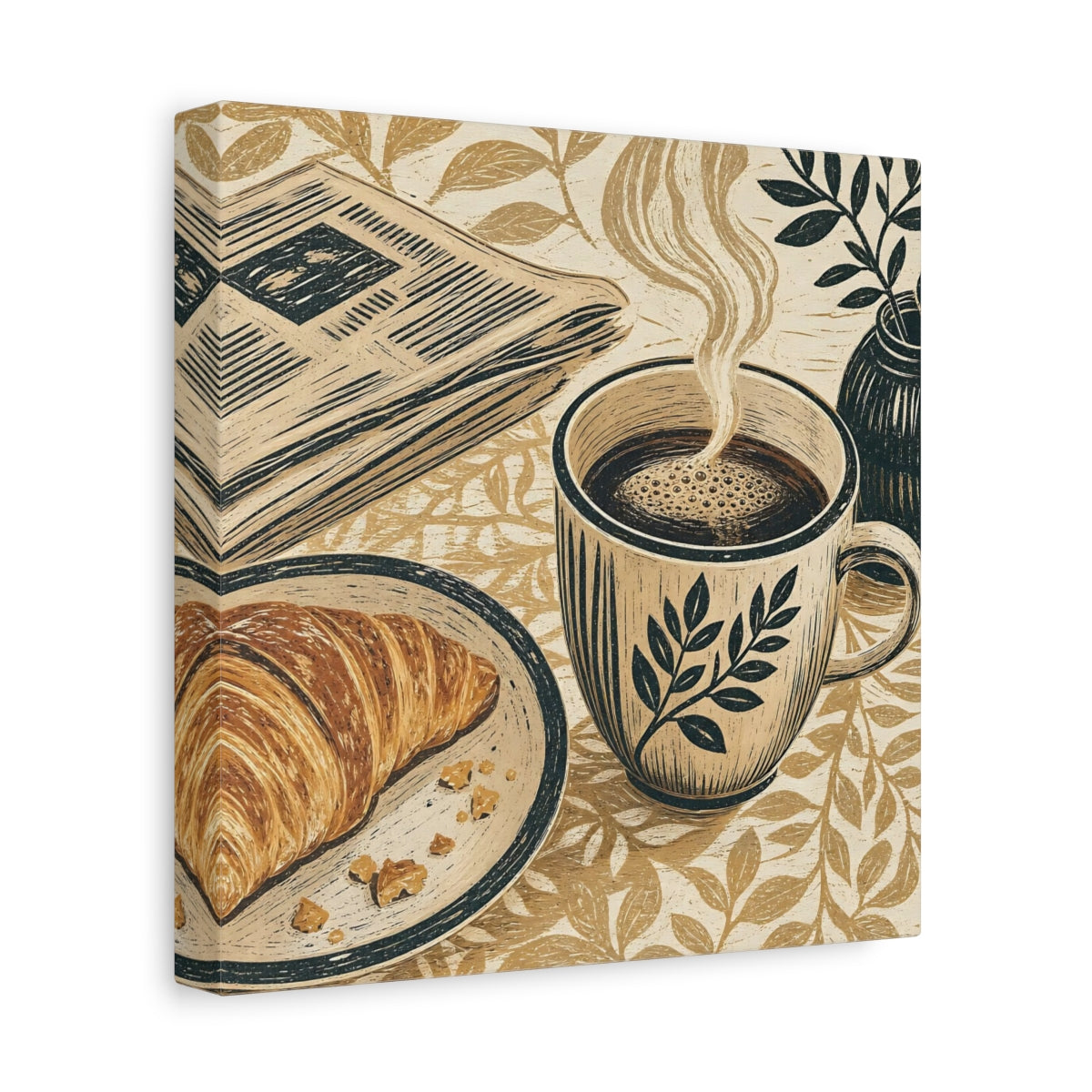 Side Mockup 9. Vintage Coffee Croissant Brown Beige Breakfast shown as stretched canvas wall art