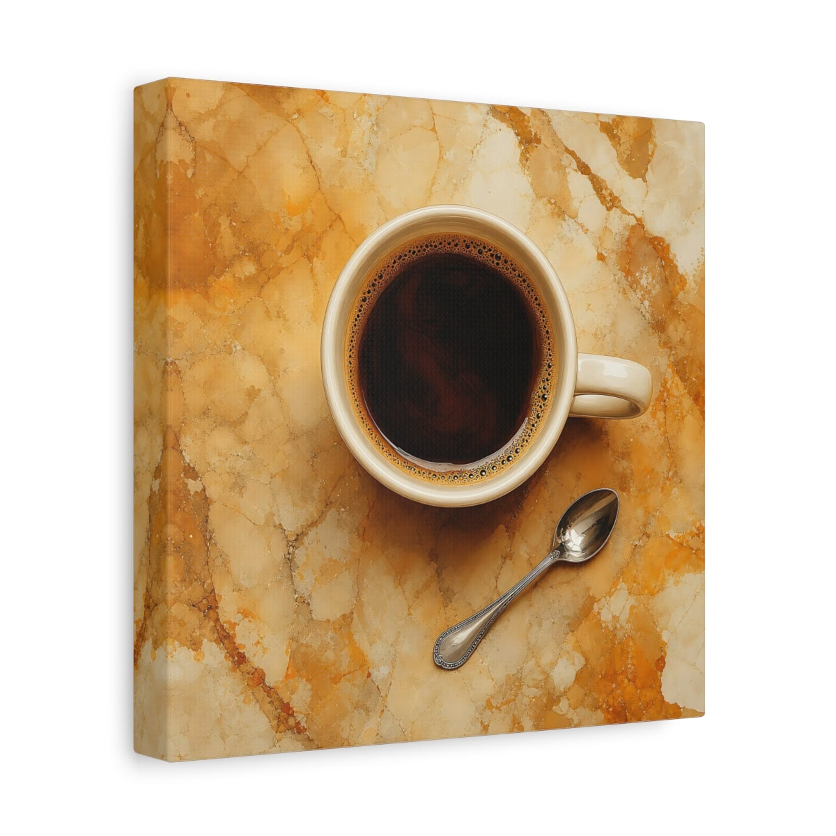 Side Mockup 9. Vintage Coffee Cup Brown And Gold shown as stretched canvas wall art