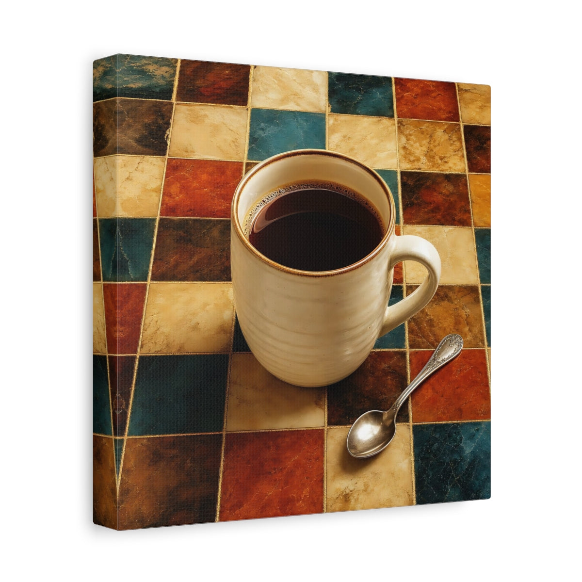 Side Mockup 9. Vintage Coffee Cup Warm Tones Coffee shown as stretched canvas wall art