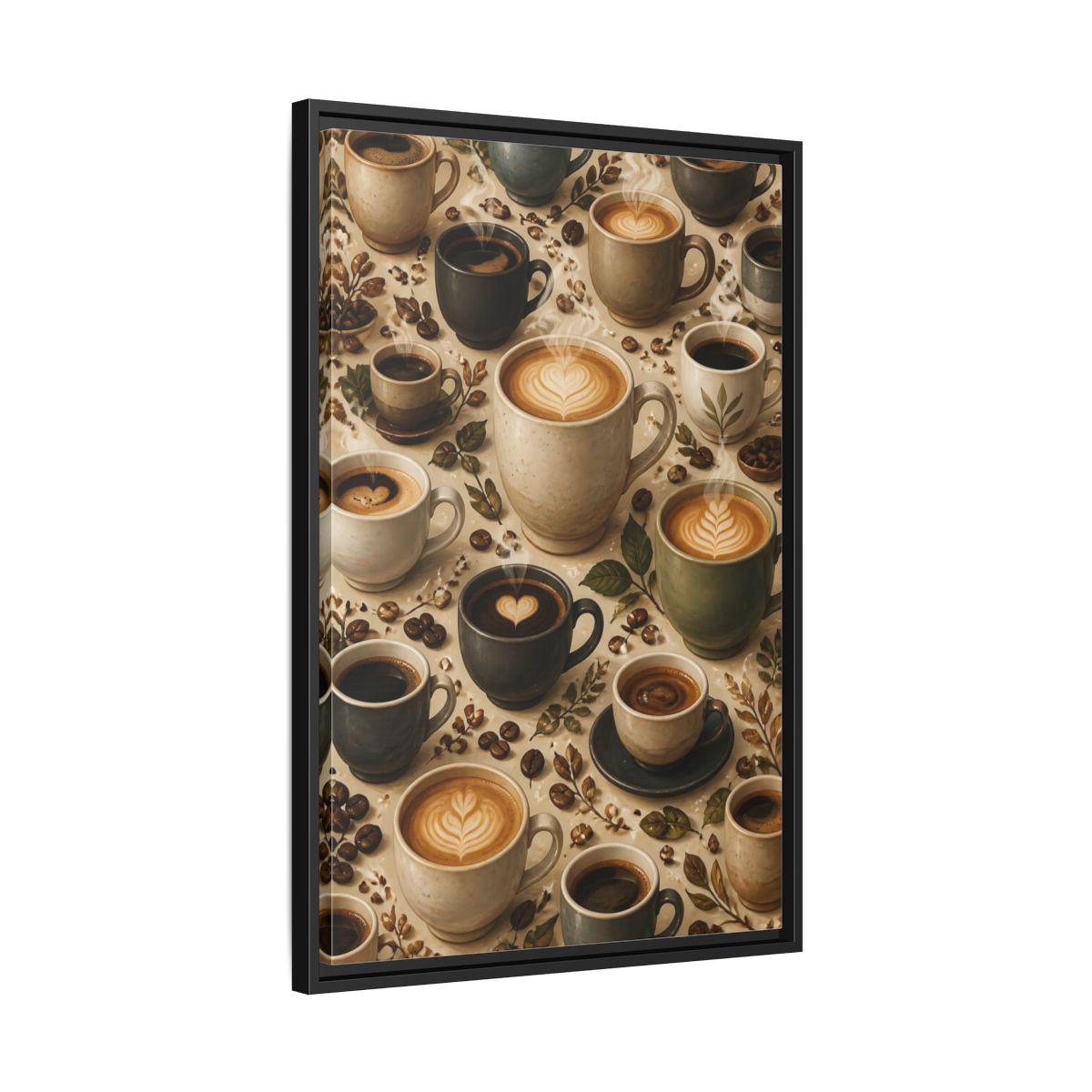 Vintage Coffee Cups Rustic Scene Framed Canvas Wall Art - Kitchen Decor, Dining Area shown as canvas wall art