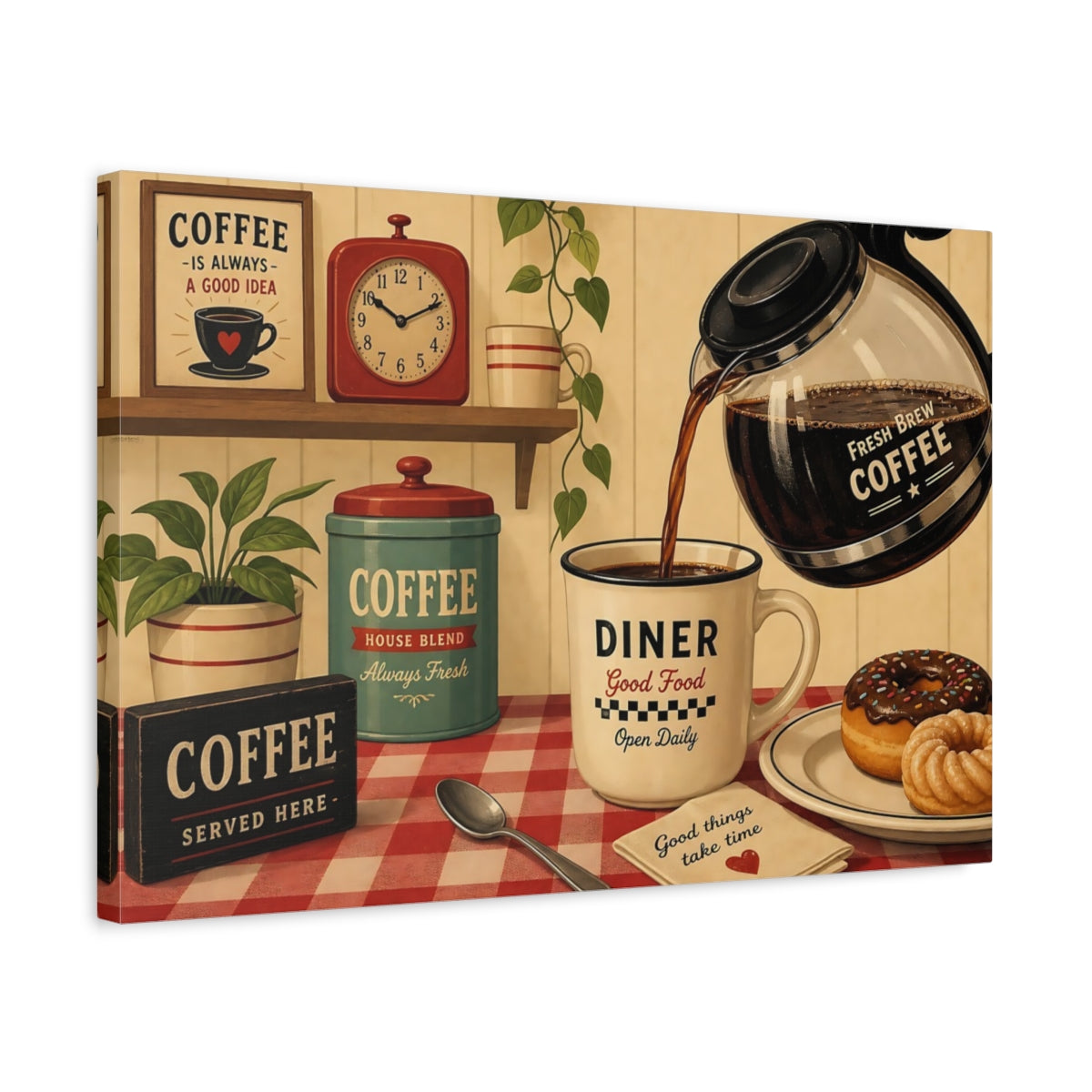 Side Mockup 3. Vintage Coffee Vintage Coffee Diner shown as stretched canvas wall art