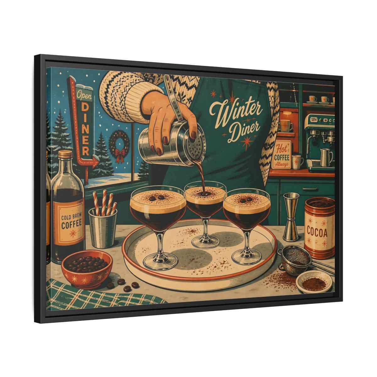 Side Mockup 14. Vintage Coffee Making Retro Teal Coffee shown as stretched canvas wall art