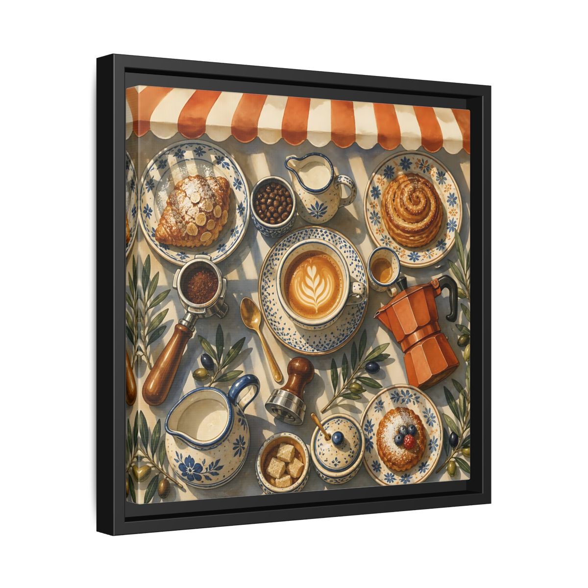 Side Mockup 32. Vintage Coffee Pastries Cafe Morning shown as stretched canvas wall art