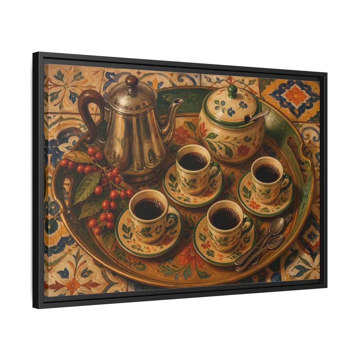 Side Mockup 14. Vintage Coffee Service Mediterranean Coffee shown as stretched canvas wall art