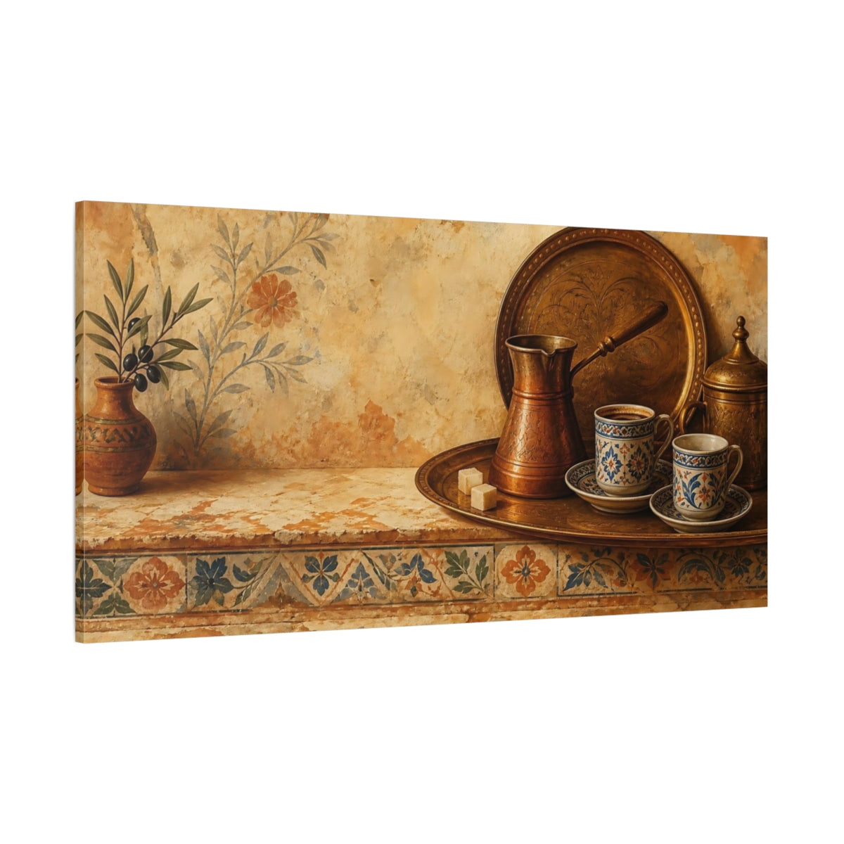 Side Mockup 2. Vintage Coffee Set Brown Gold shown as canvas print