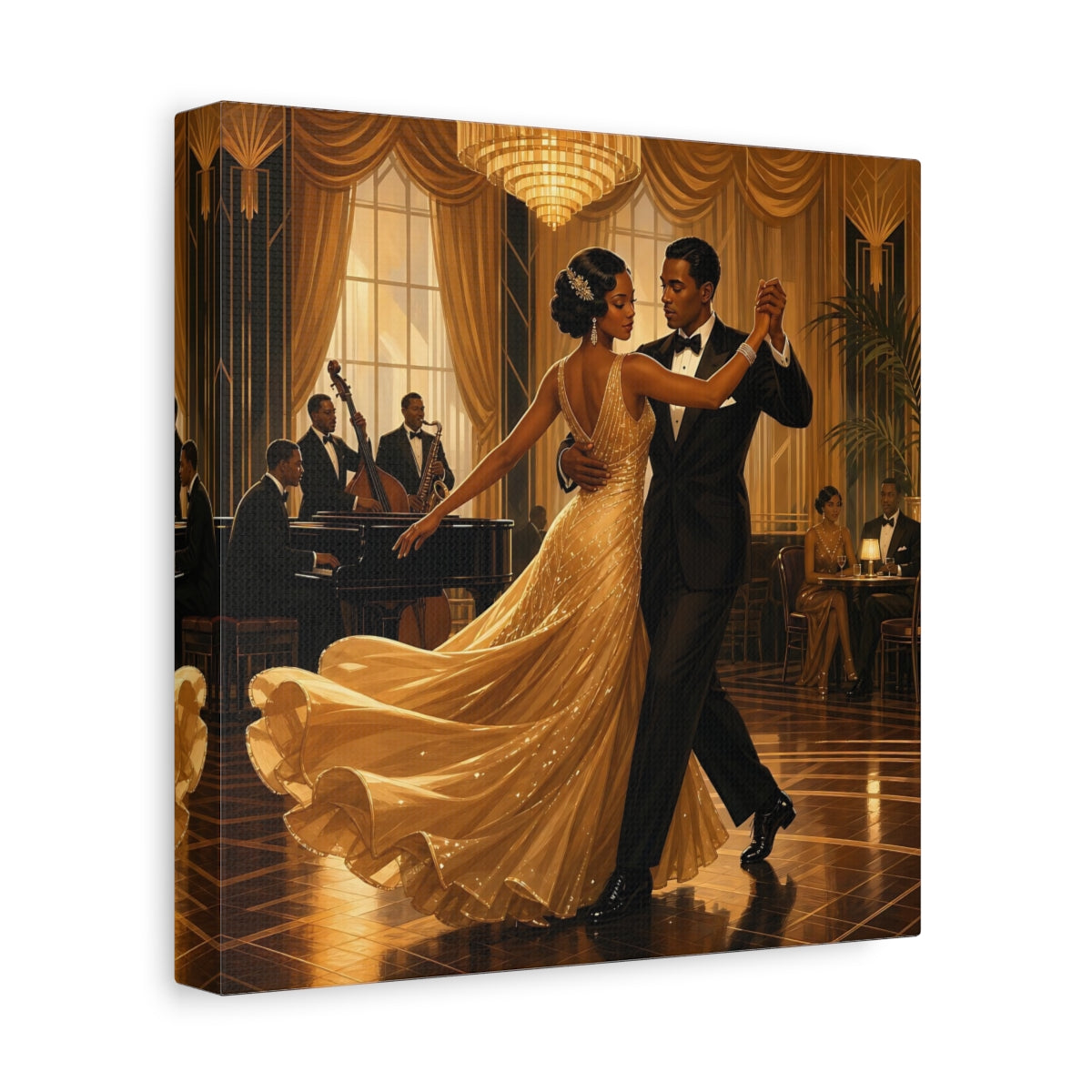 Side Mockup 9. Vintage Couple Dancing Golden Dance shown as canvas print