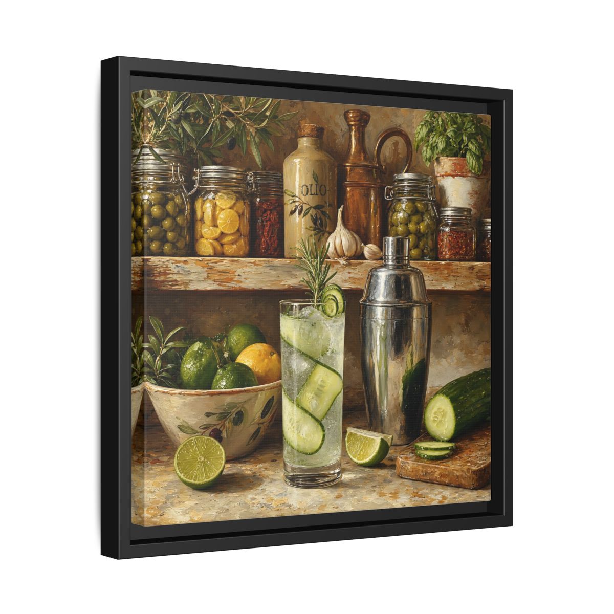 Side Mockup 32. Vintage Cucumber Drink Rustic Kitchen shown as stretched canvas wall art