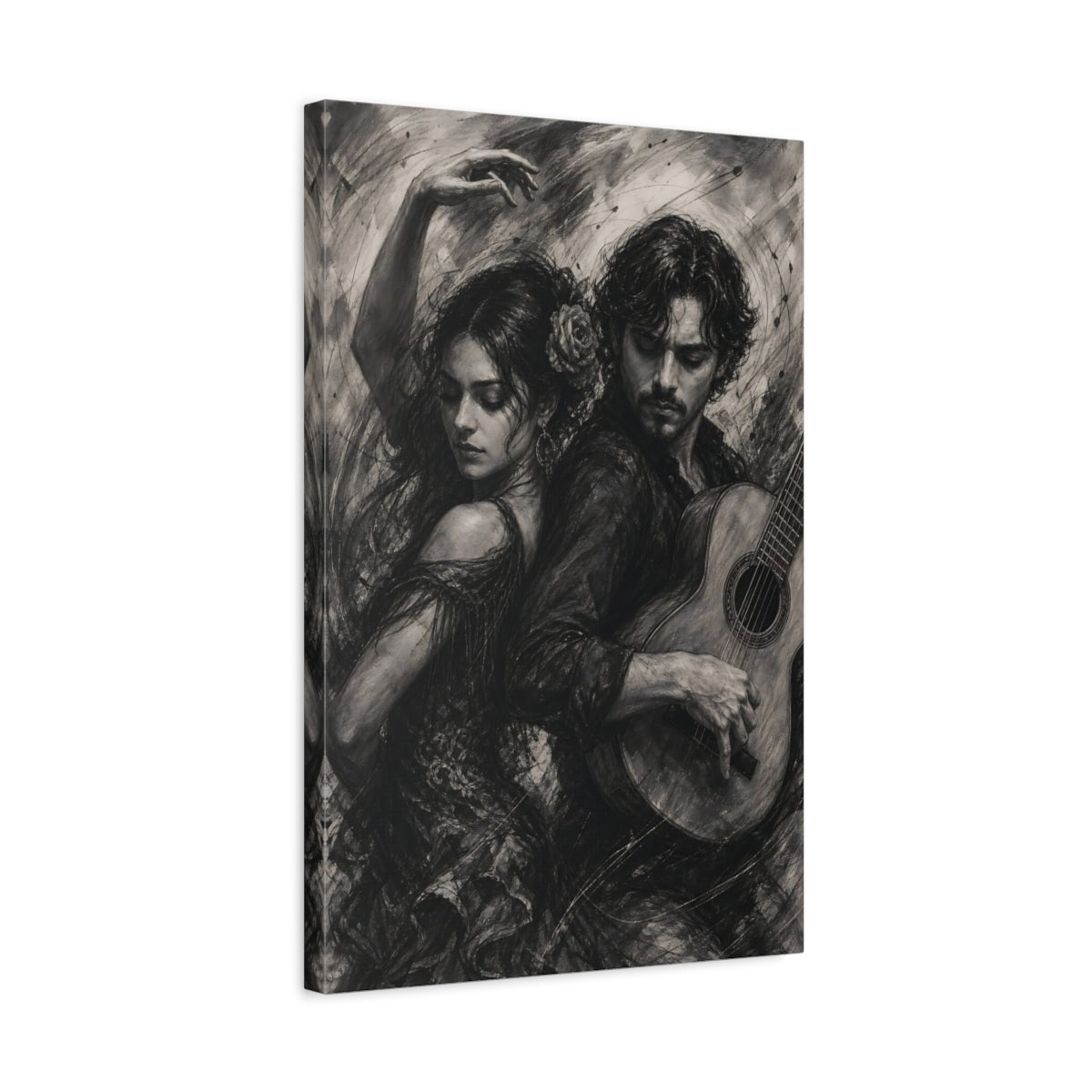 Side Mockup 3. Vintage Dancer Guitarist Monochrome Performance shown as canvas print