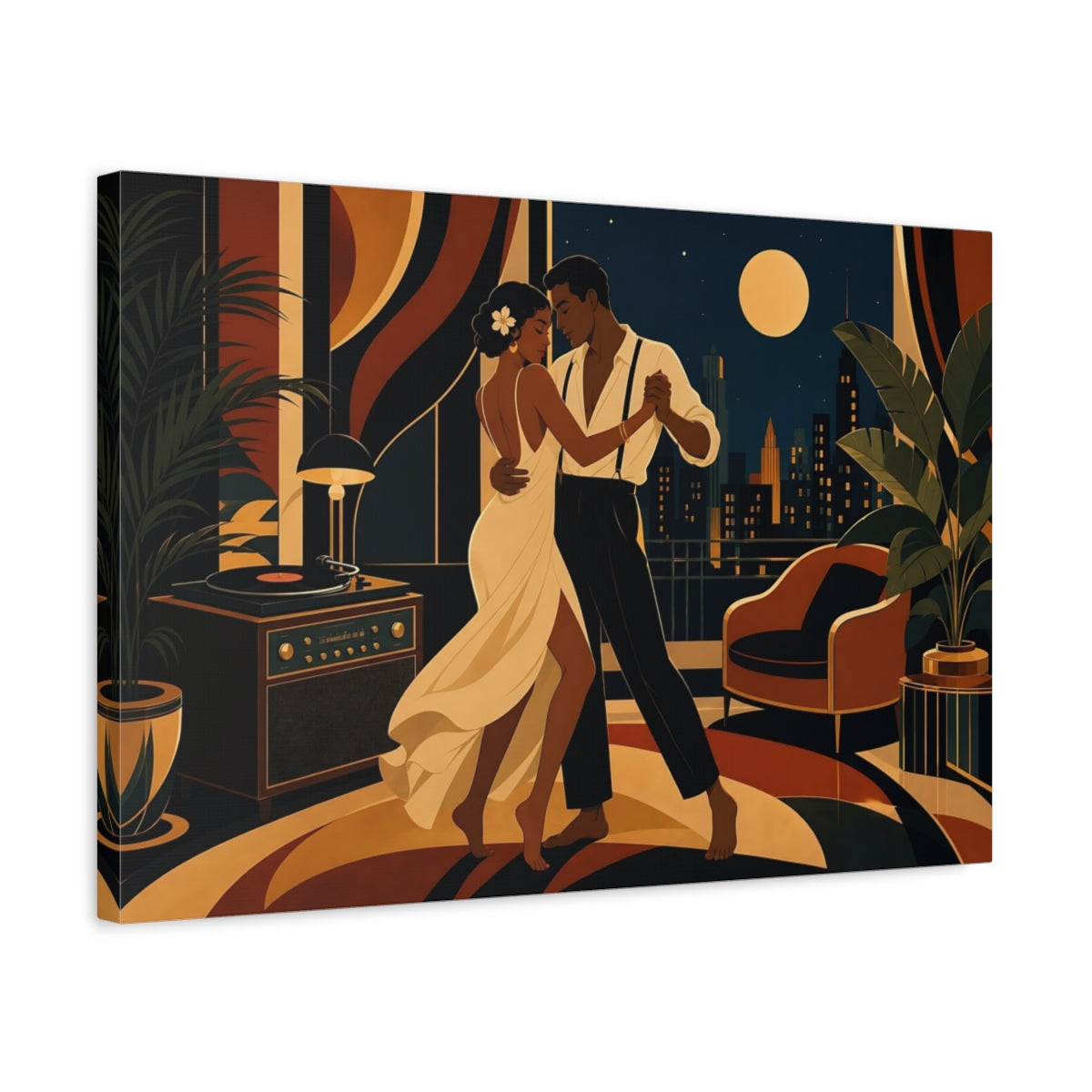 Side Mockup 3. Vintage Dancing Couple Art Deco Midnight Dance shown as canvas print