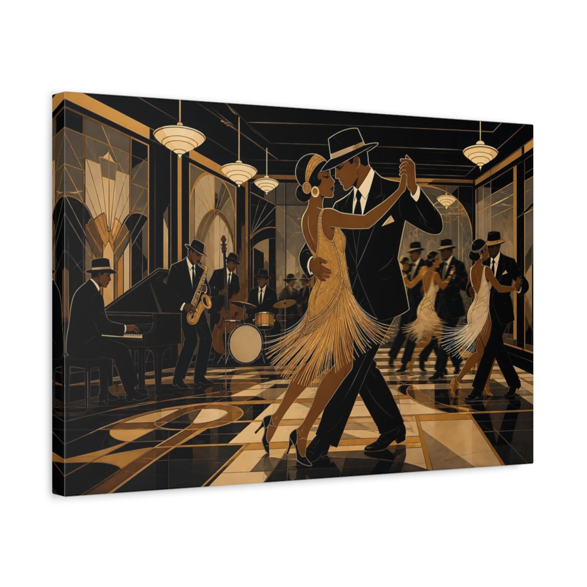Side Mockup 3. Vintage Dancing Couple Black Gold Dance shown as canvas print