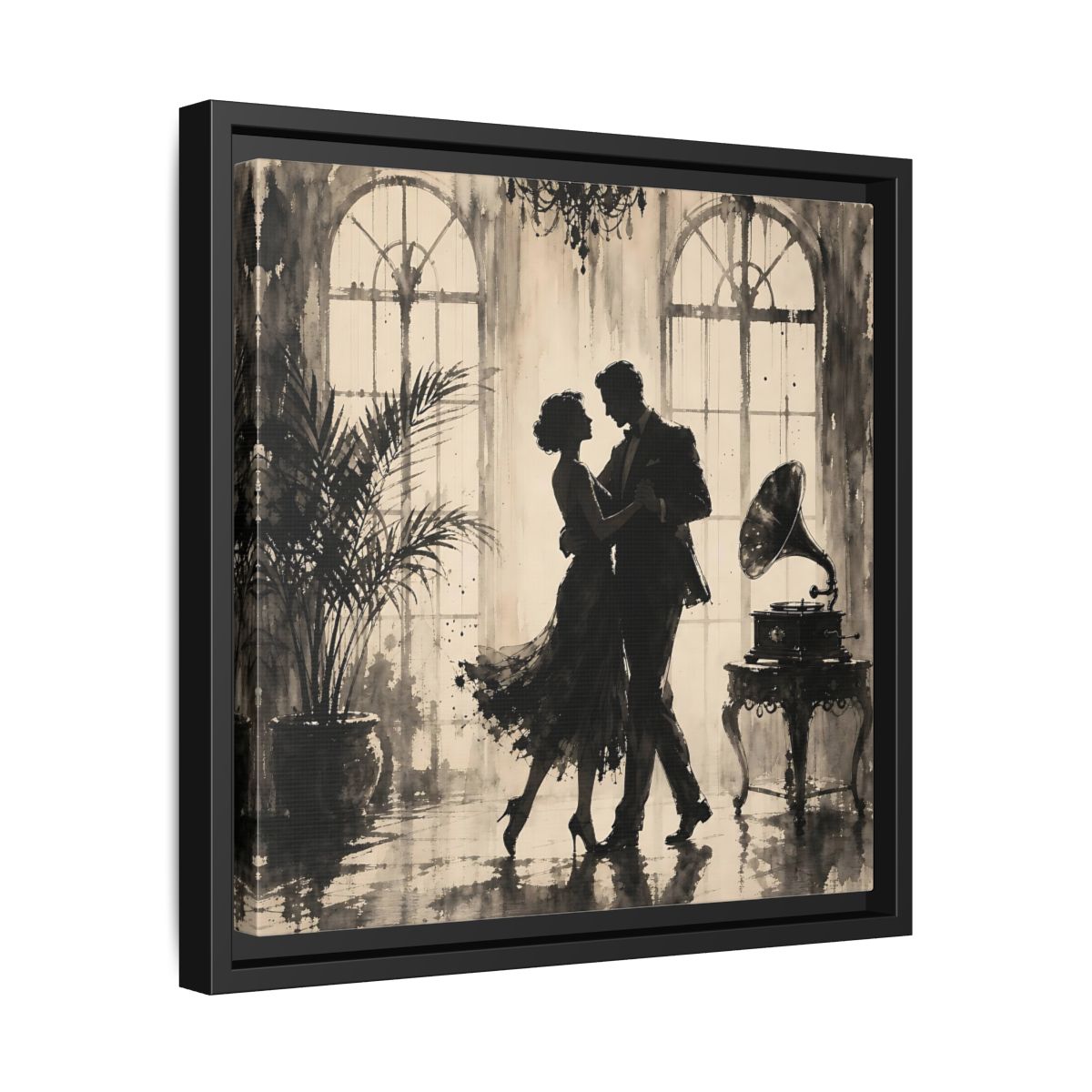 Side Mockup 32. Vintage Dancing Couple Sepia Dance shown as framed canvas print