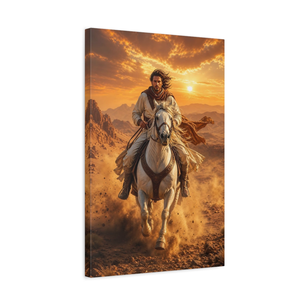 Vintage Desert Rider Brown and Orange Canvas Wall Art Print - Realistic Decor for Living Room shown as canvas wall art
