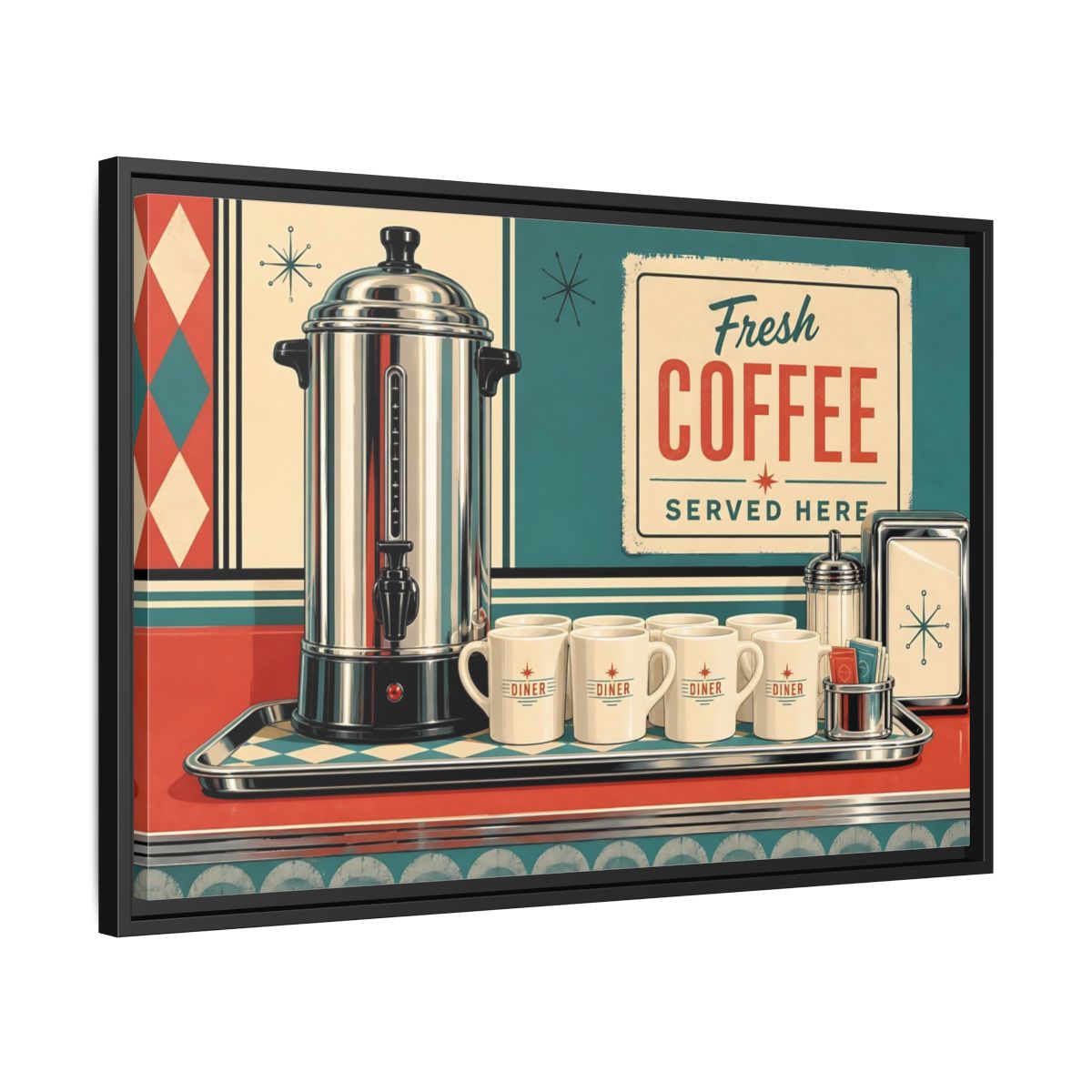Side Mockup 14. Vintage Diner Coffee Retro Diner Coffee shown as stretched canvas wall art