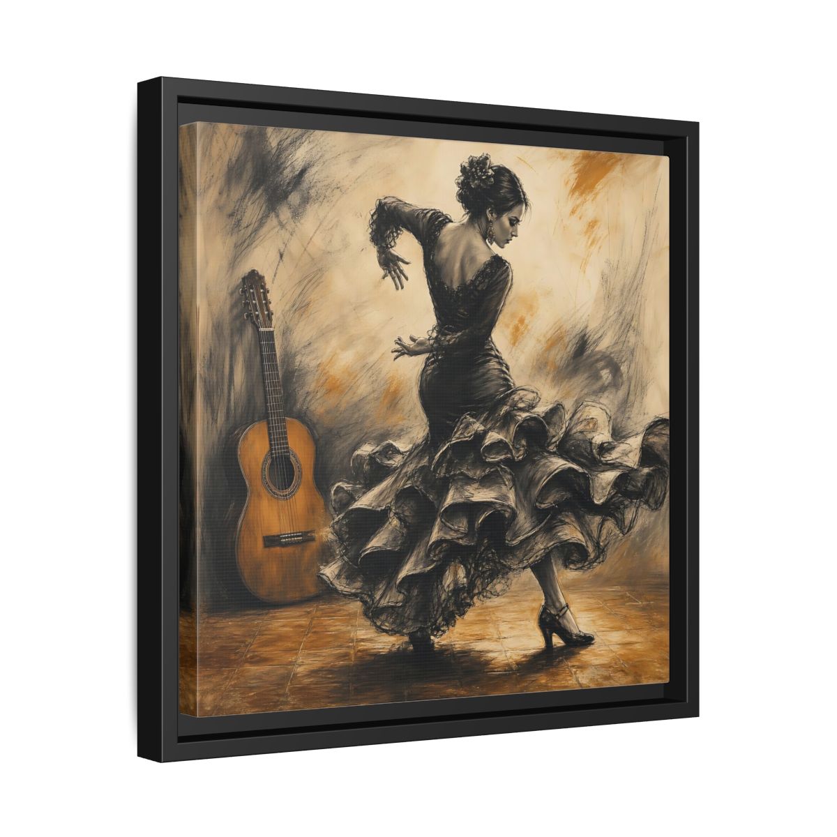 Side Mockup 32. Vintage Flamenco Dancer Brown And Black shown as framed canvas print