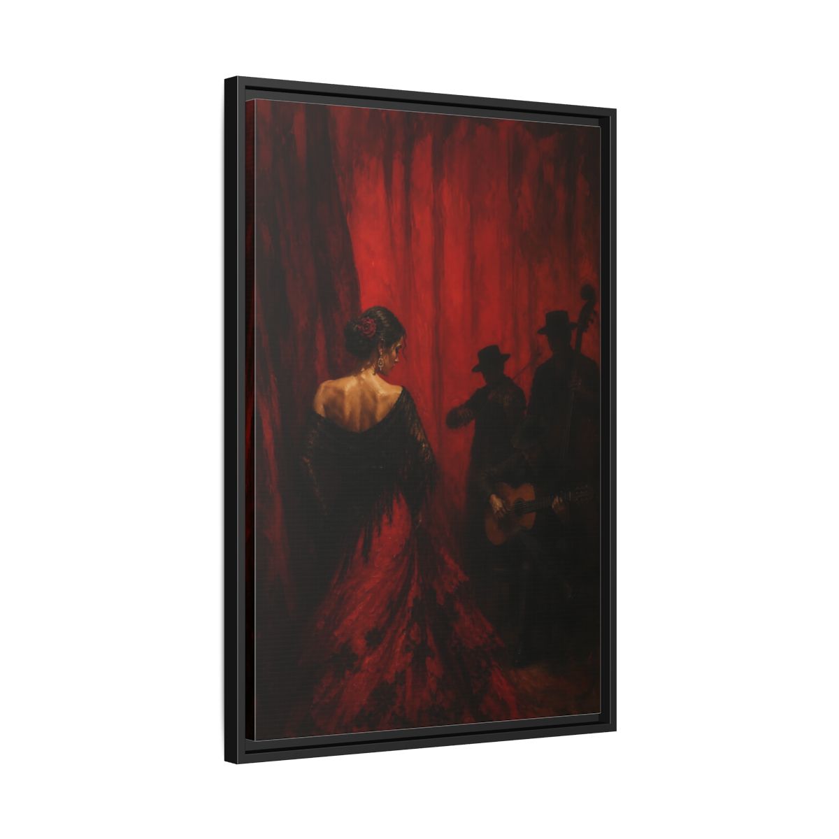 Side Mockup 14. Vintage Flamenco Dancer Red And Black shown as framed canvas print