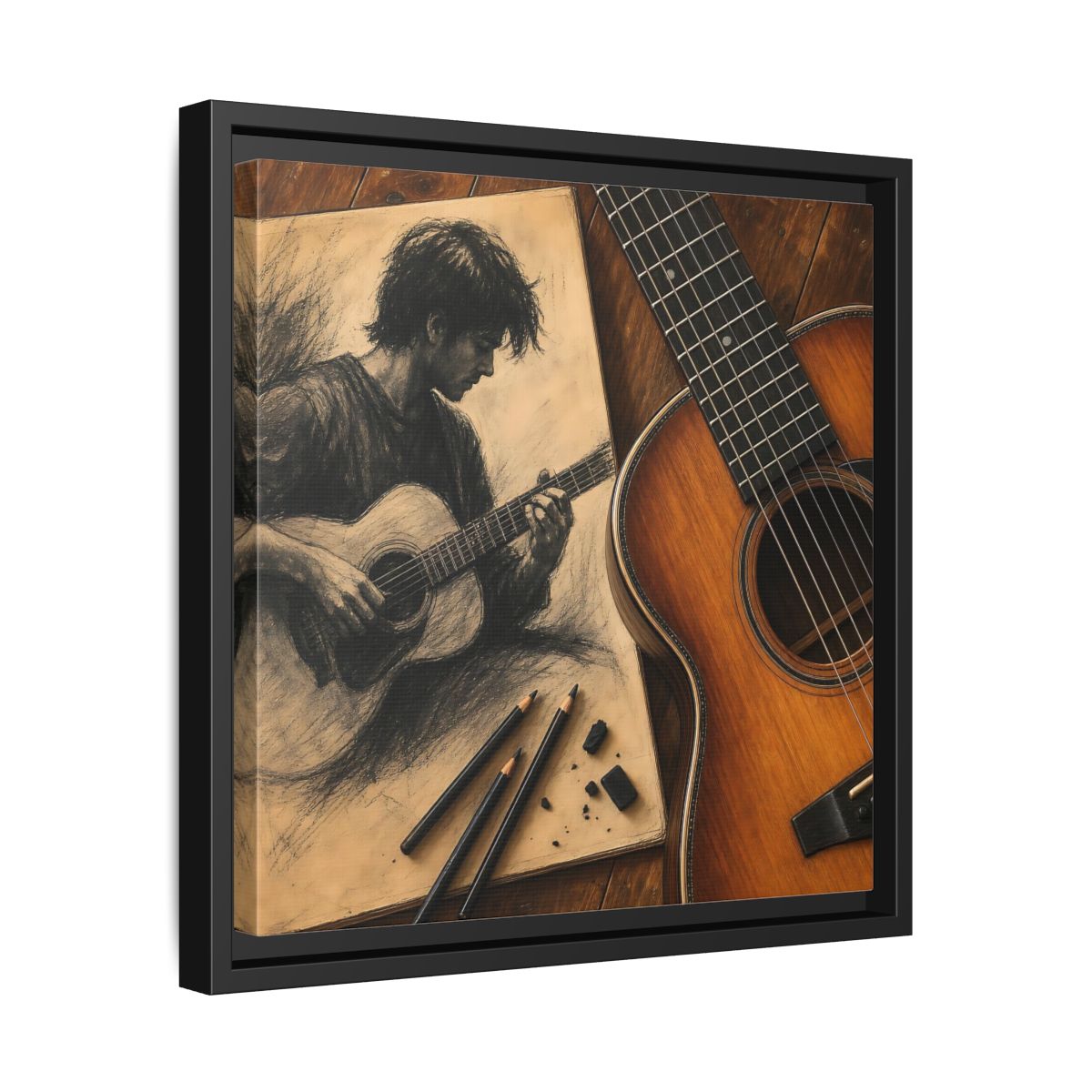 Side Mockup 32. Vintage Guitarist Brown And Black shown as framed canvas print