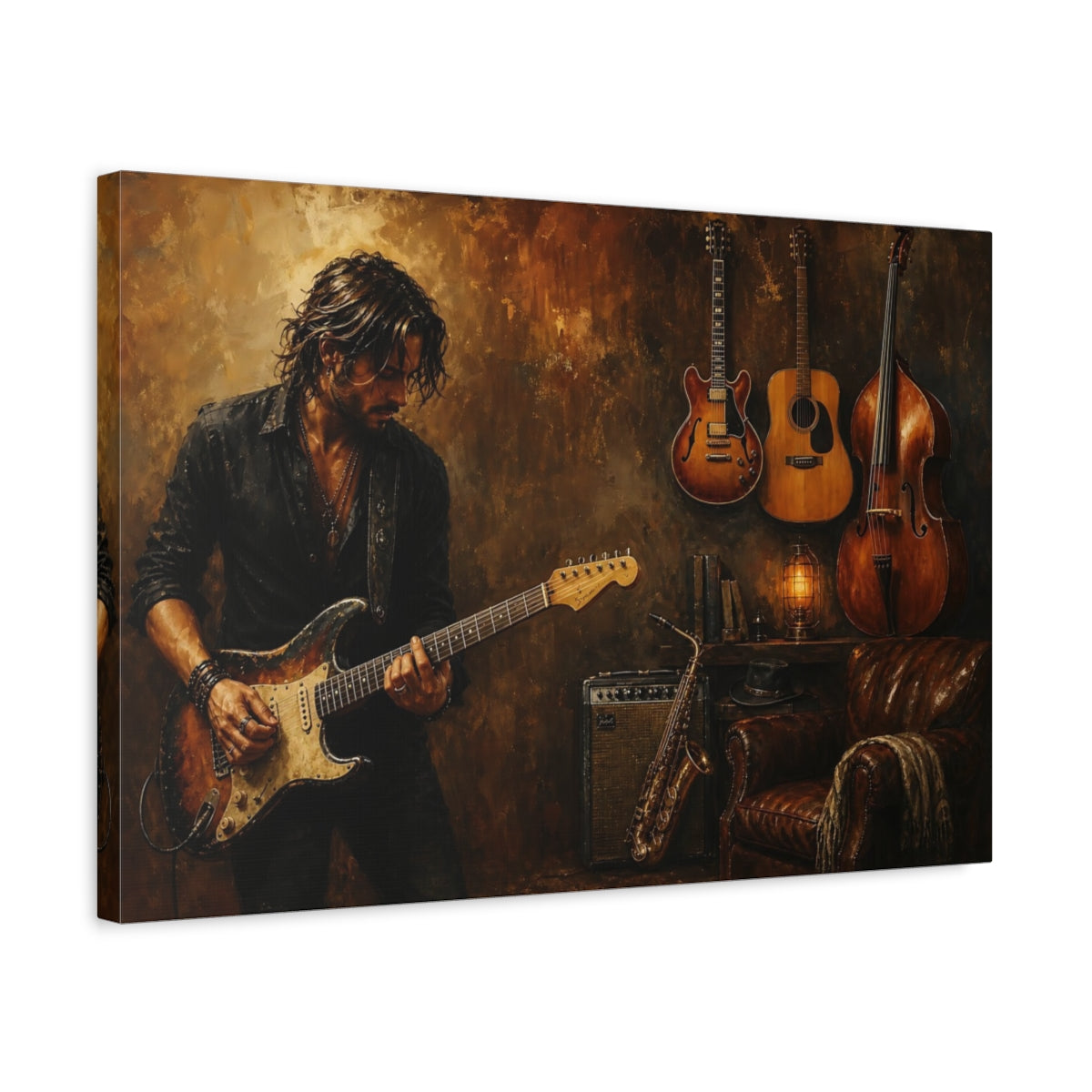 Side Mockup 3. Vintage Guitarist Brown And Gold shown as canvas print