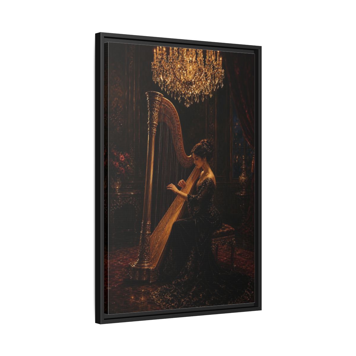 Side Mockup 14. Vintage Harpist Gold And Dark shown as framed canvas print