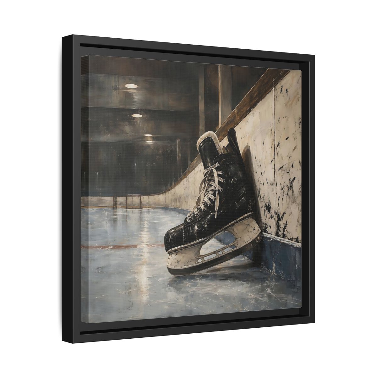 Side Mockup 32. Vintage Hockey Skate On Ice shown as framed canvas print