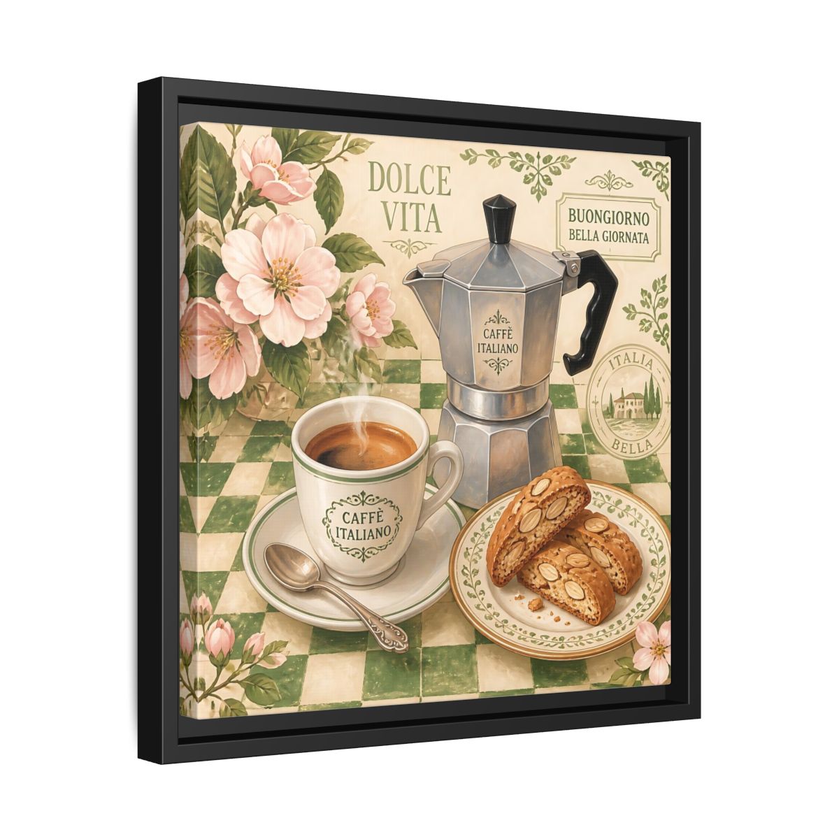 Side Mockup 32. Vintage Italian Coffee Italian Coffee Scene shown as stretched canvas wall art