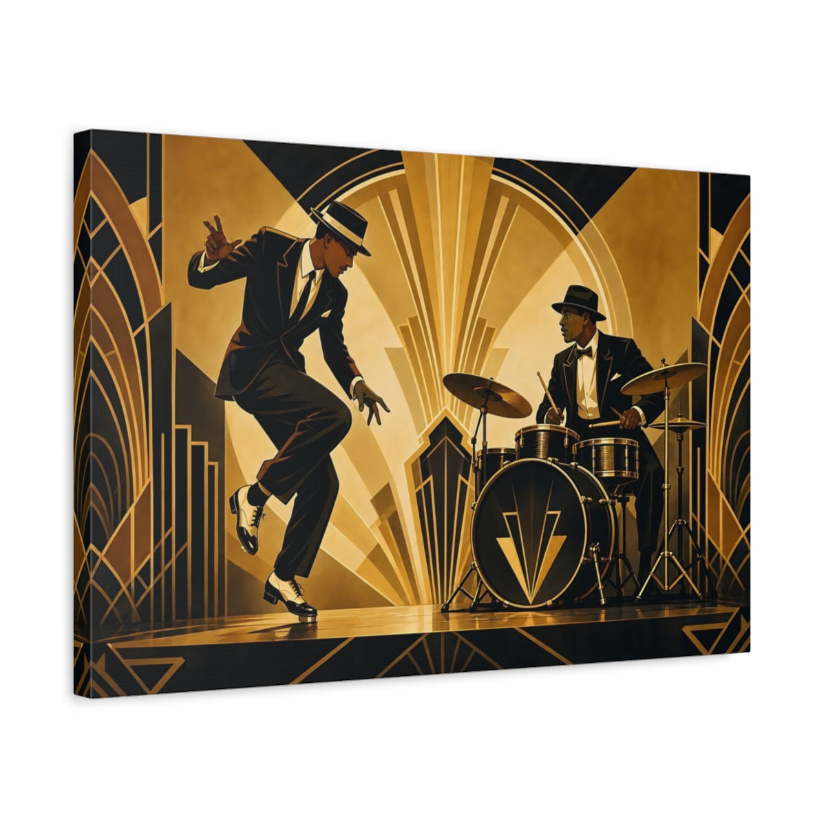Side Mockup 3. Vintage Jazz Musicians Black And Gold shown as canvas print