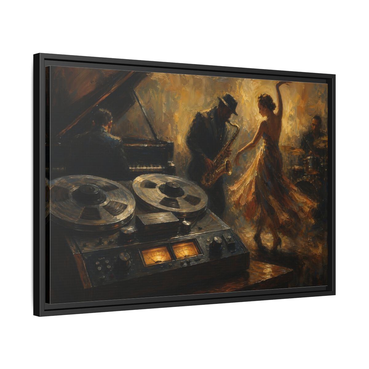 Side Mockup 14. Vintage Jazz Performance Gold Brown Jazz shown as framed canvas print