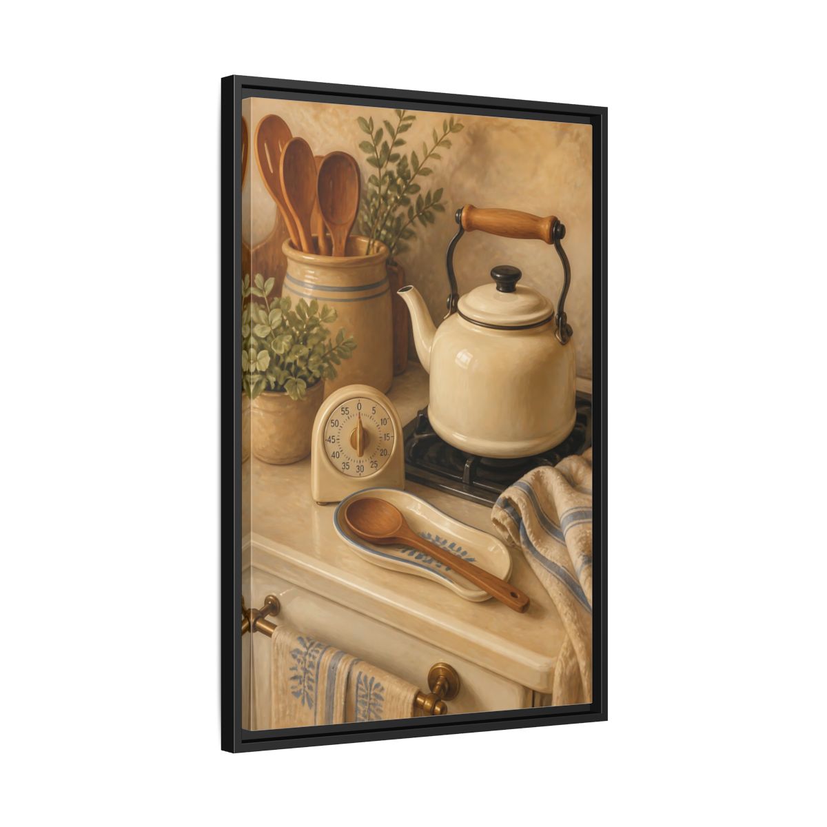 Side Mockup 14. Vintage Kitchenware Cream Kitchenware shown as framed canvas print