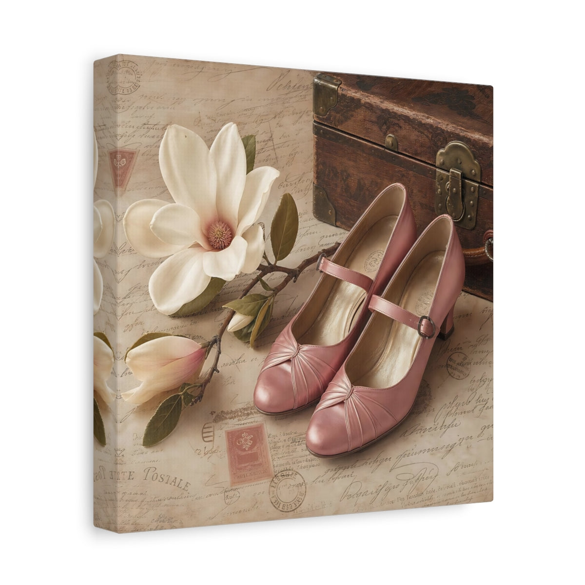 Side Mockup 9. Vintage Magnolia Flower Vintage Pink shown as canvas print