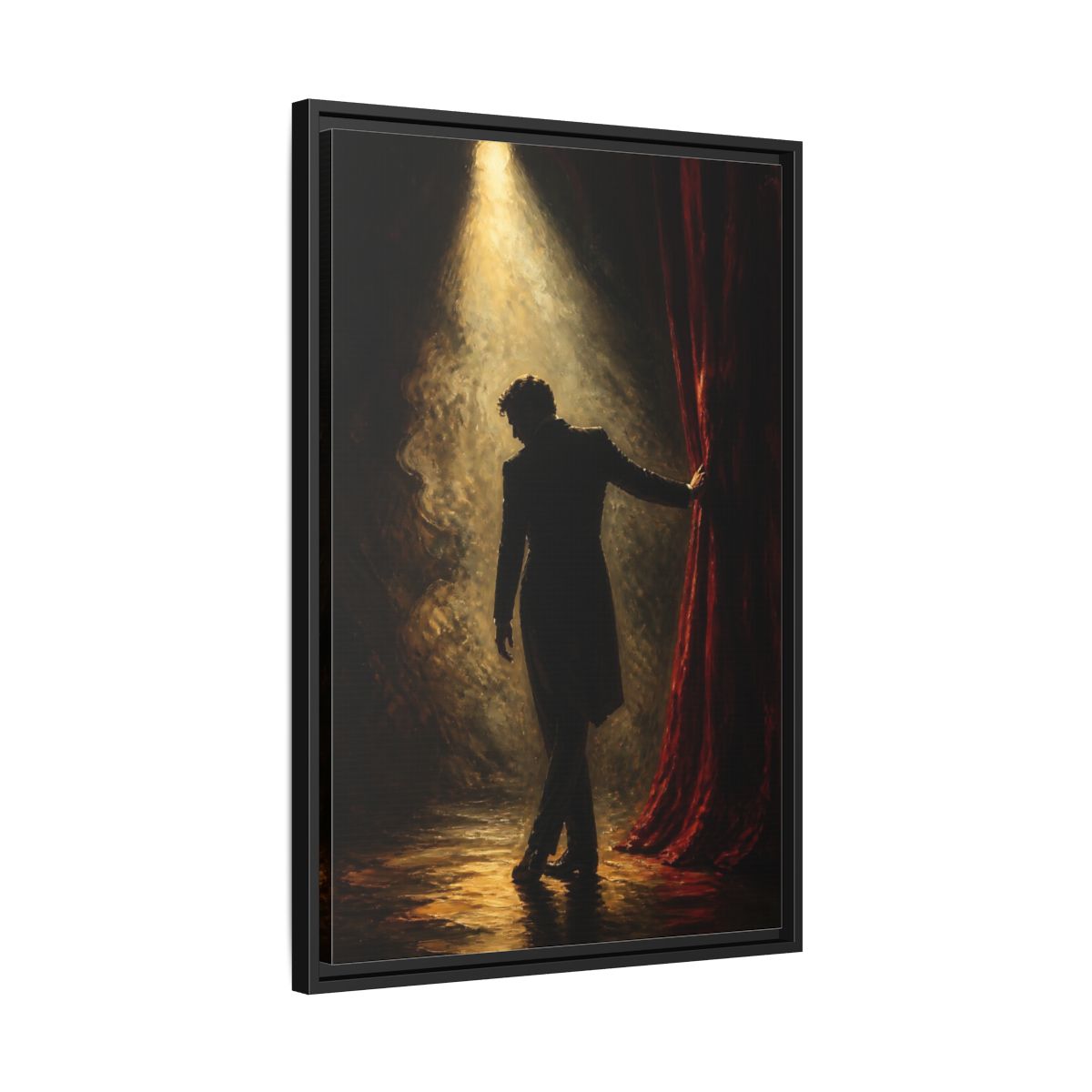 Side Mockup 14. Vintage Man Dramatic Red Black shown as framed canvas print