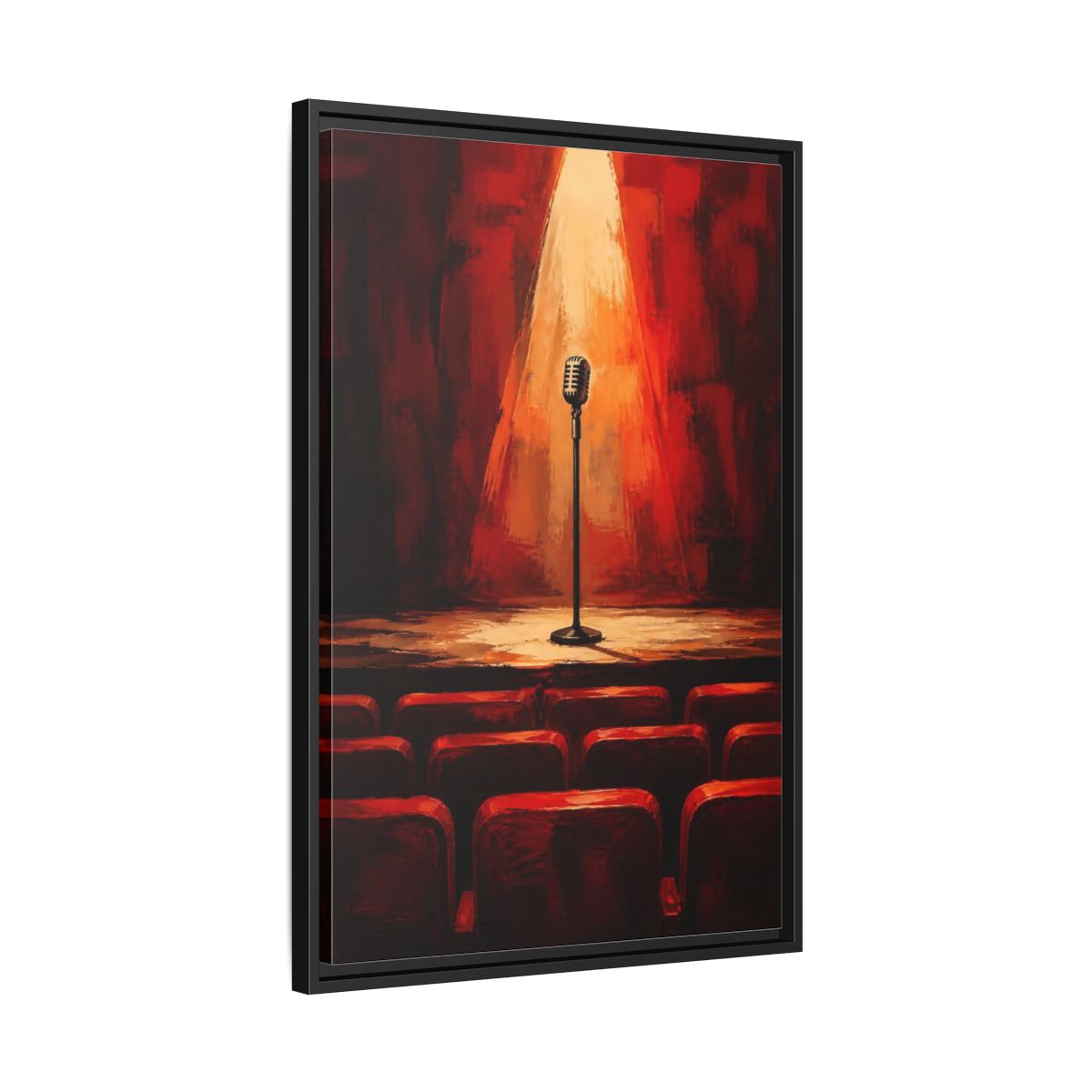 Side Mockup 14. Vintage Microphone Red Stage shown as framed canvas print