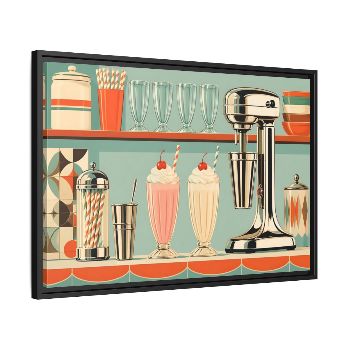 Side Mockup 14. Vintage Milkshakes Retro Teal Orange shown as stretched canvas wall art
