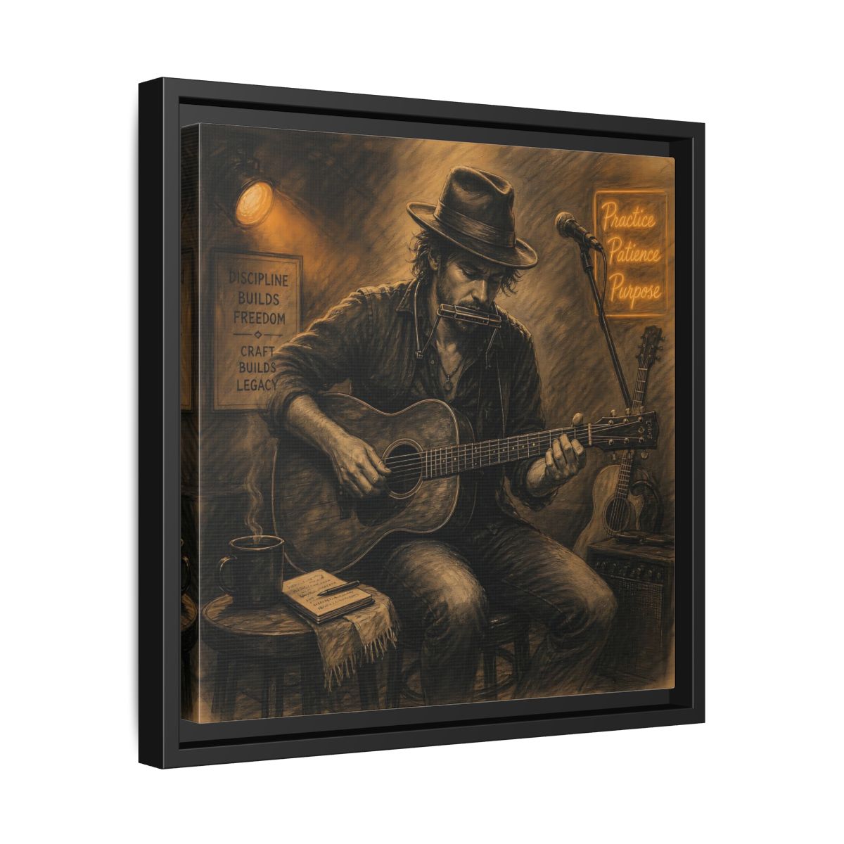 Side Mockup 32. Vintage Musician Sepia Musician shown as framed canvas print
