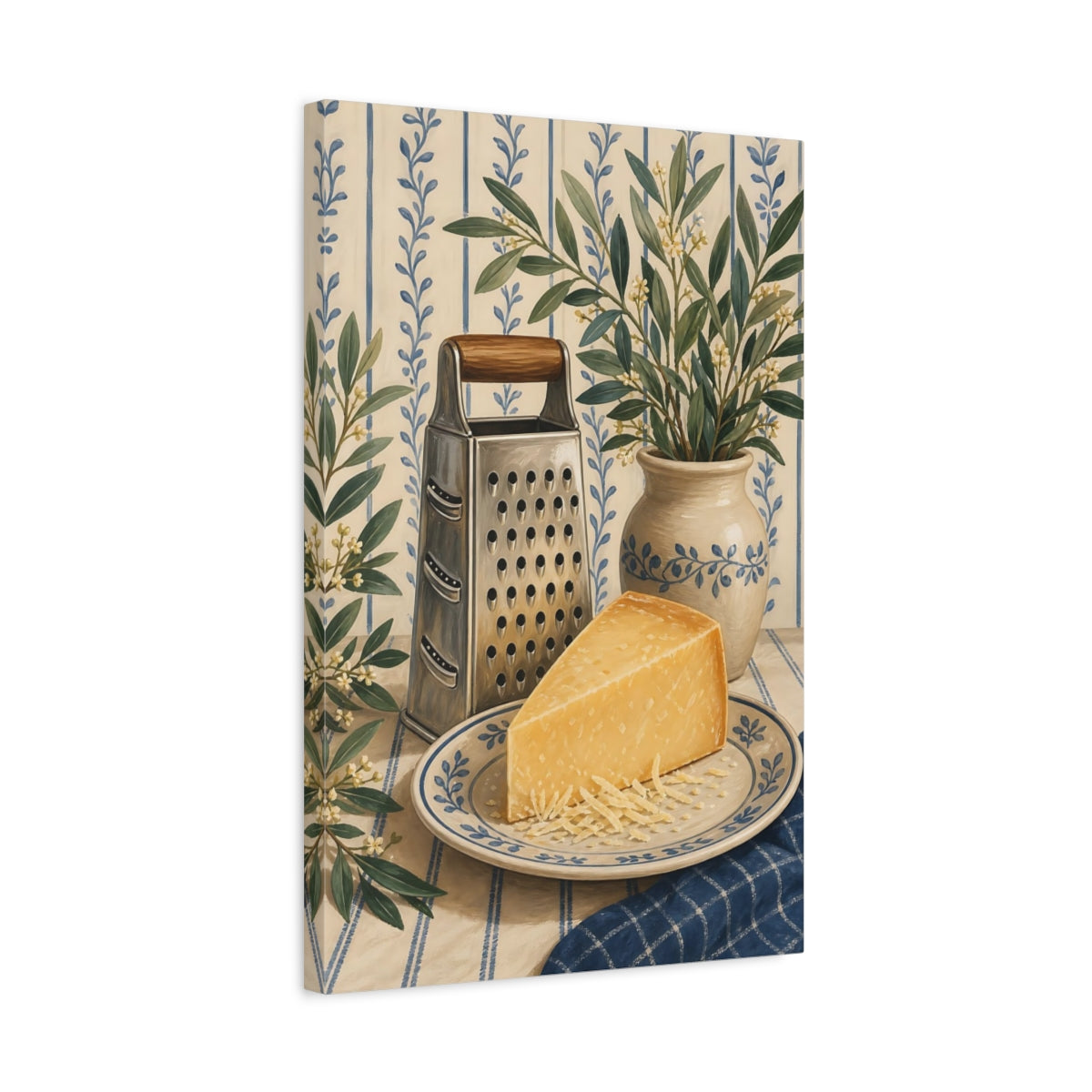 Side Mockup 3. Vintage Parmesan Cheese Blue And Yellow Kitchen shown as stretched canvas wall art
