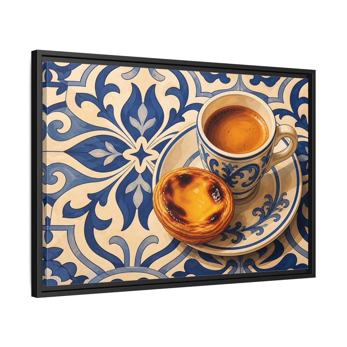 Side Mockup 14. Vintage Pastel De Nata Blue And Yellow shown as stretched canvas wall art