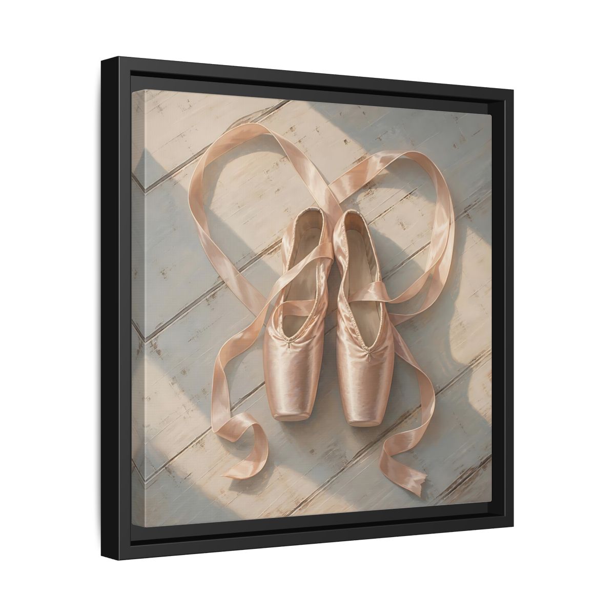 Side Mockup 32. Vintage Pointe Shoes Pink Ballet Shoes shown as framed canvas print
